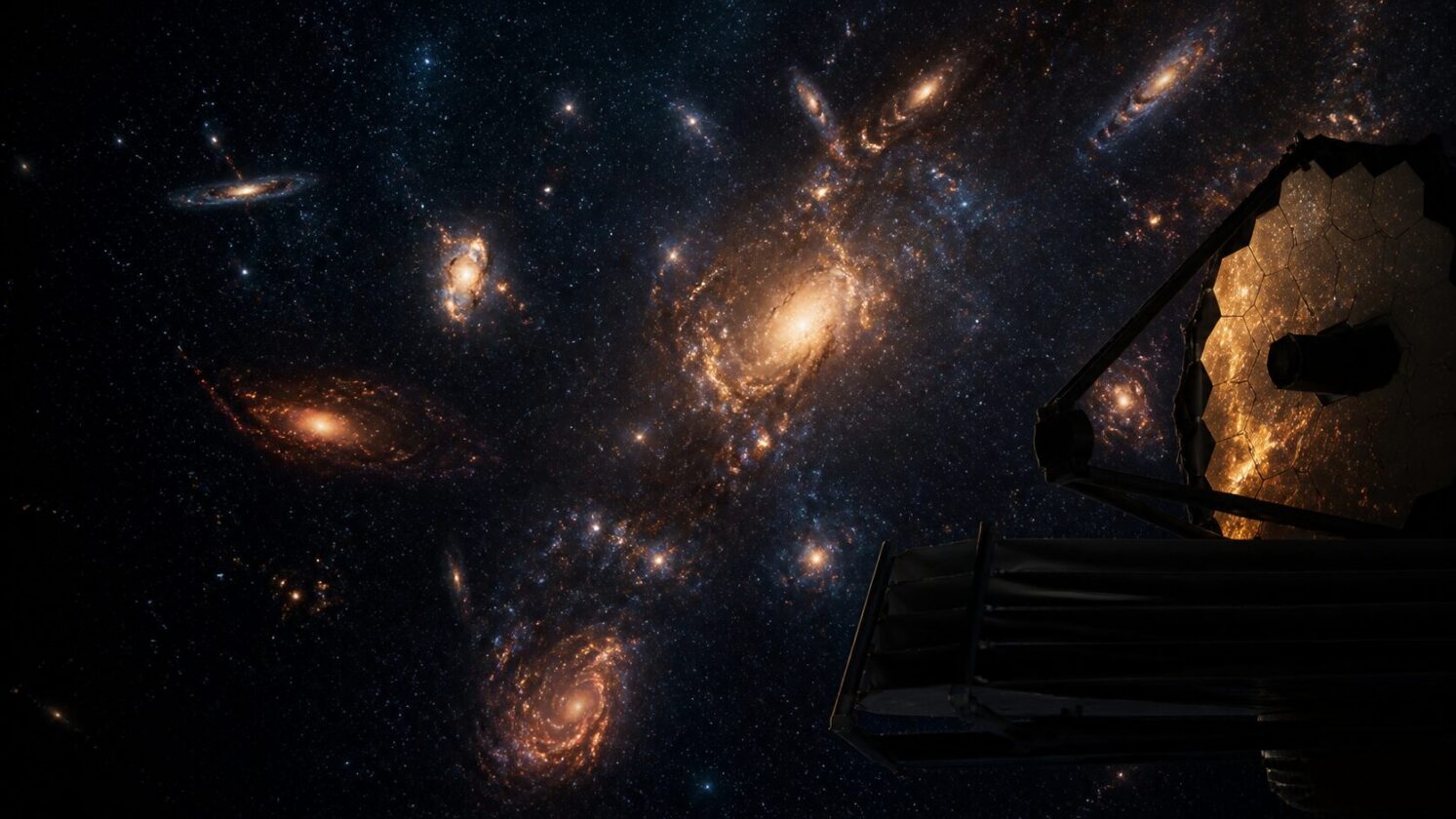 Imagem editorial para a matéria: Estudo com JWST indica que galáxias antigas podem ser até quatro vezes mais massivas