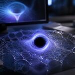 Imagem editorial para a matéria: Físicos descrevem modelo teórico de cristal de espaço-tempo que pode colapsar em micro buraco negro