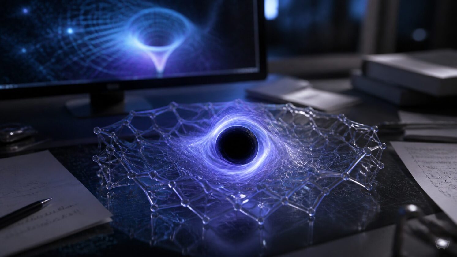 Imagem editorial para a matéria: Físicos descrevem modelo teórico de cristal de espaço-tempo que pode colapsar em micro buraco negro
