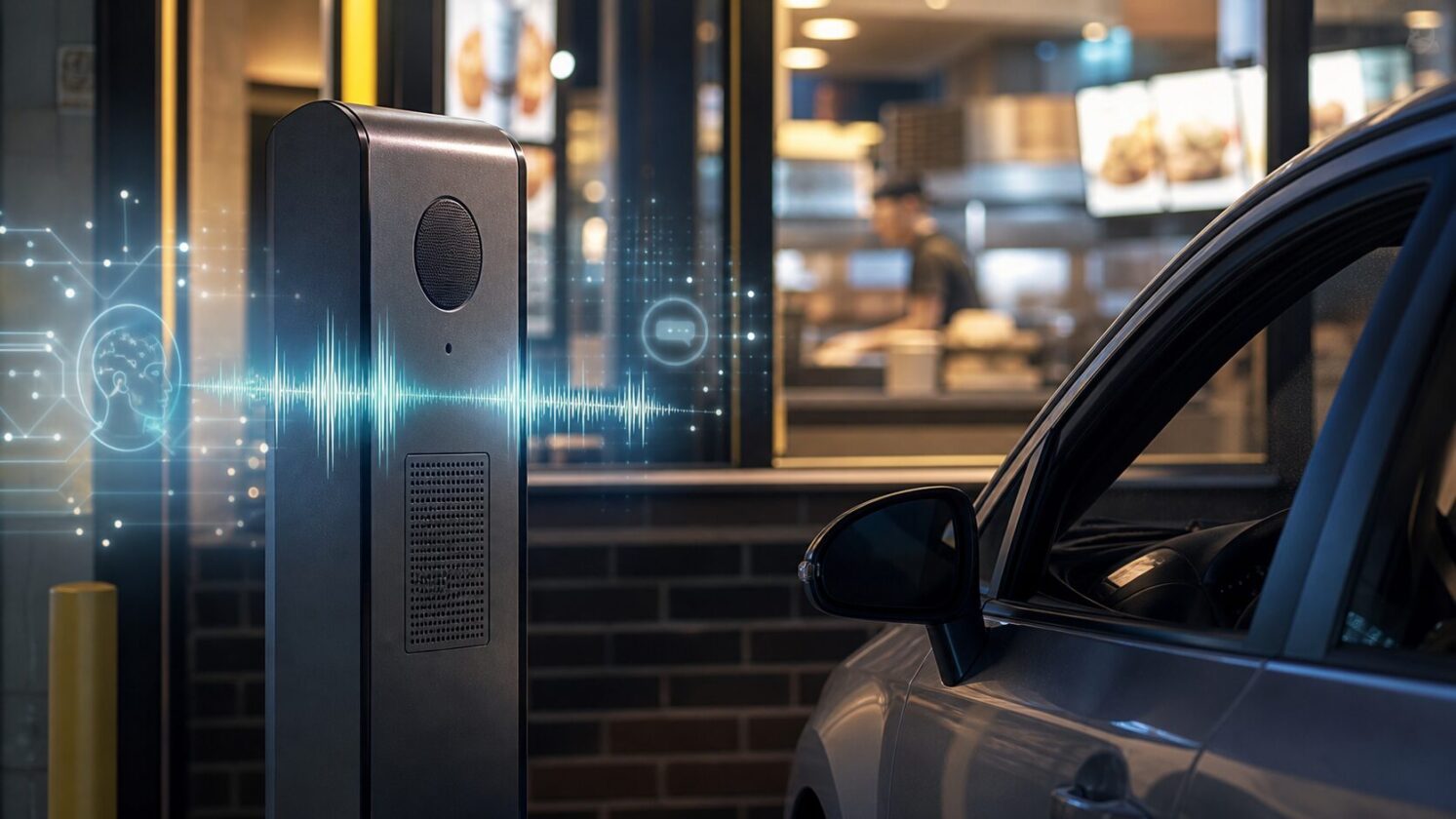 Imagem editorial para a matéria: IA avança para drive-thrus e redes de fast food com foco no atendimento por voz