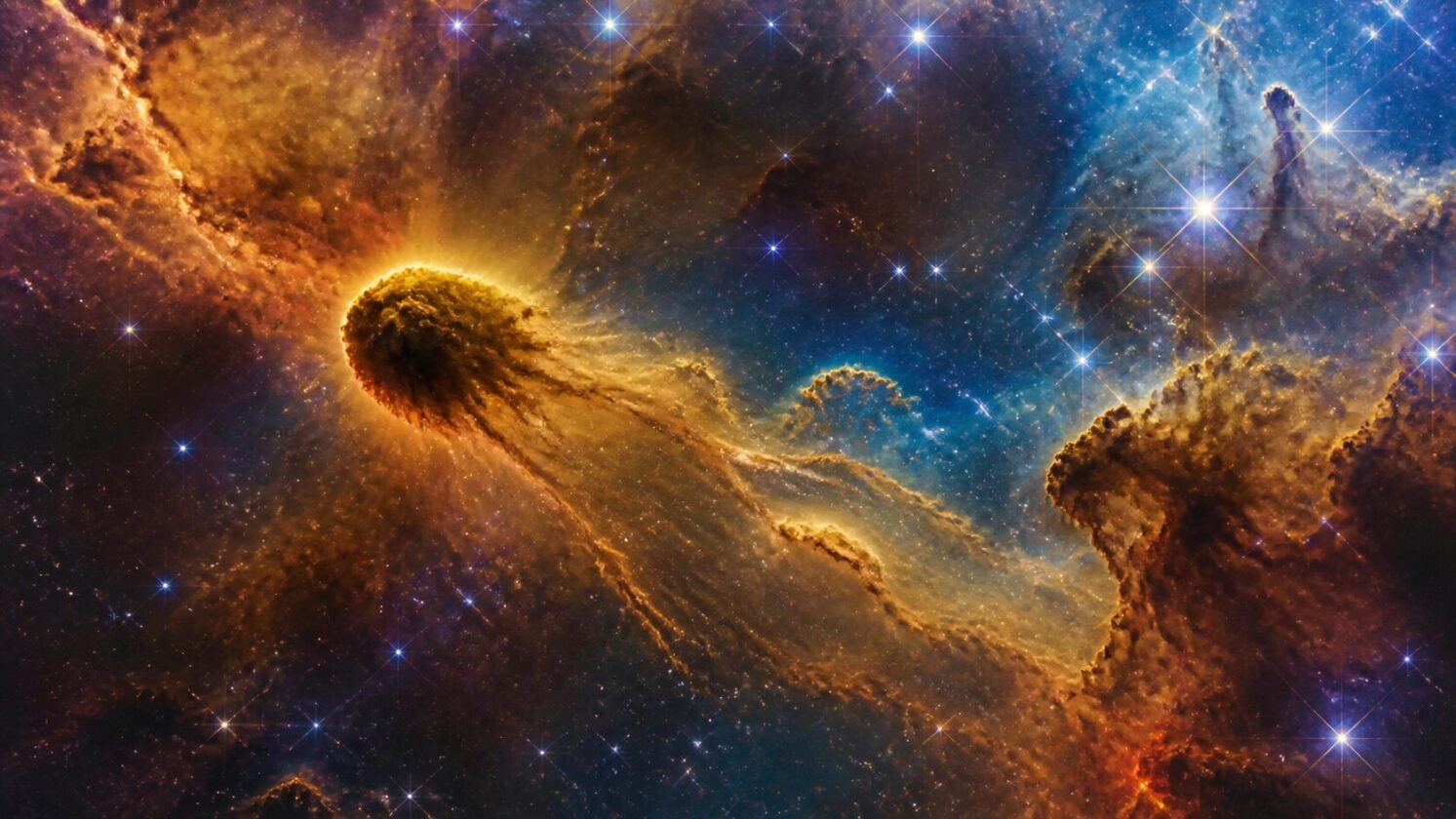 Imagem editorial para a matéria: James Webb registra região conhecida como Baú do Tesouro na Nebulosa de Carina