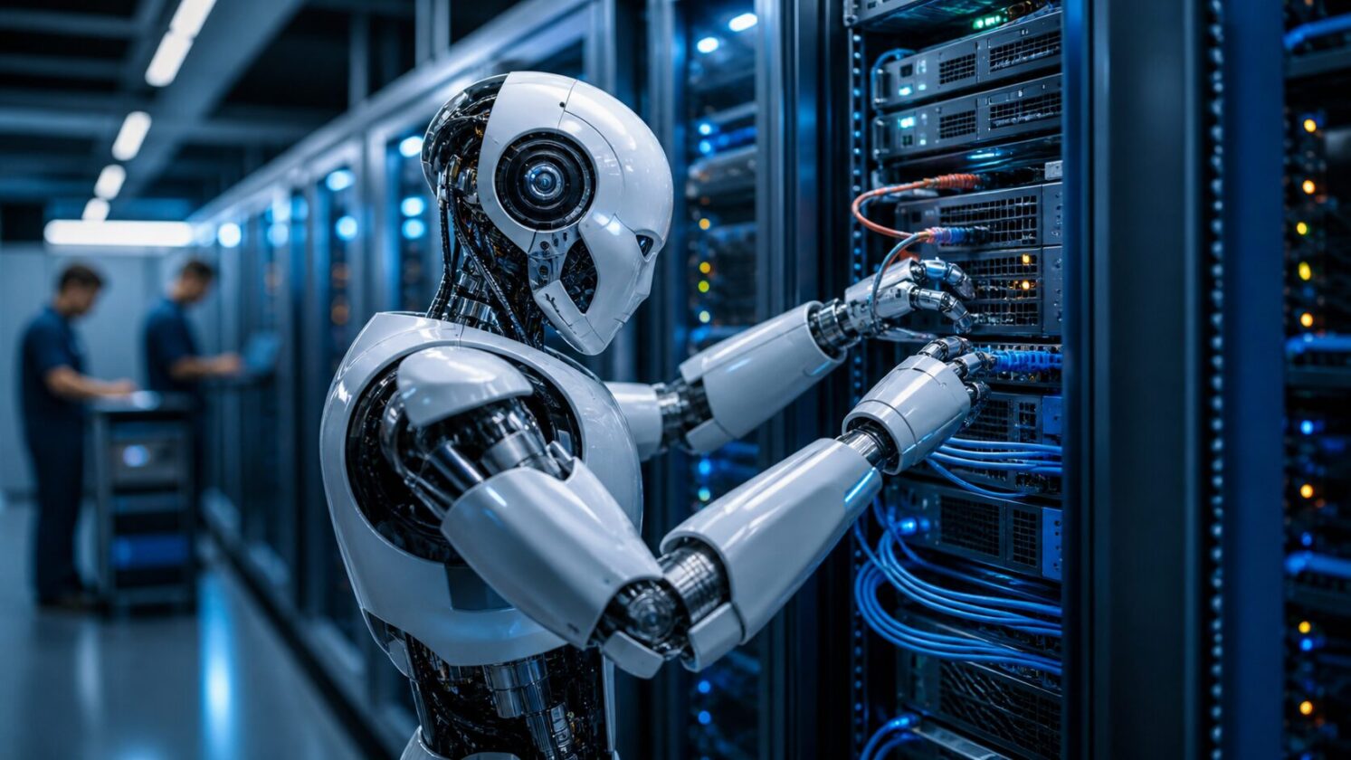 Imagem editorial para a matéria: Meta testa robôs para tarefas físicas em data centers, diz
