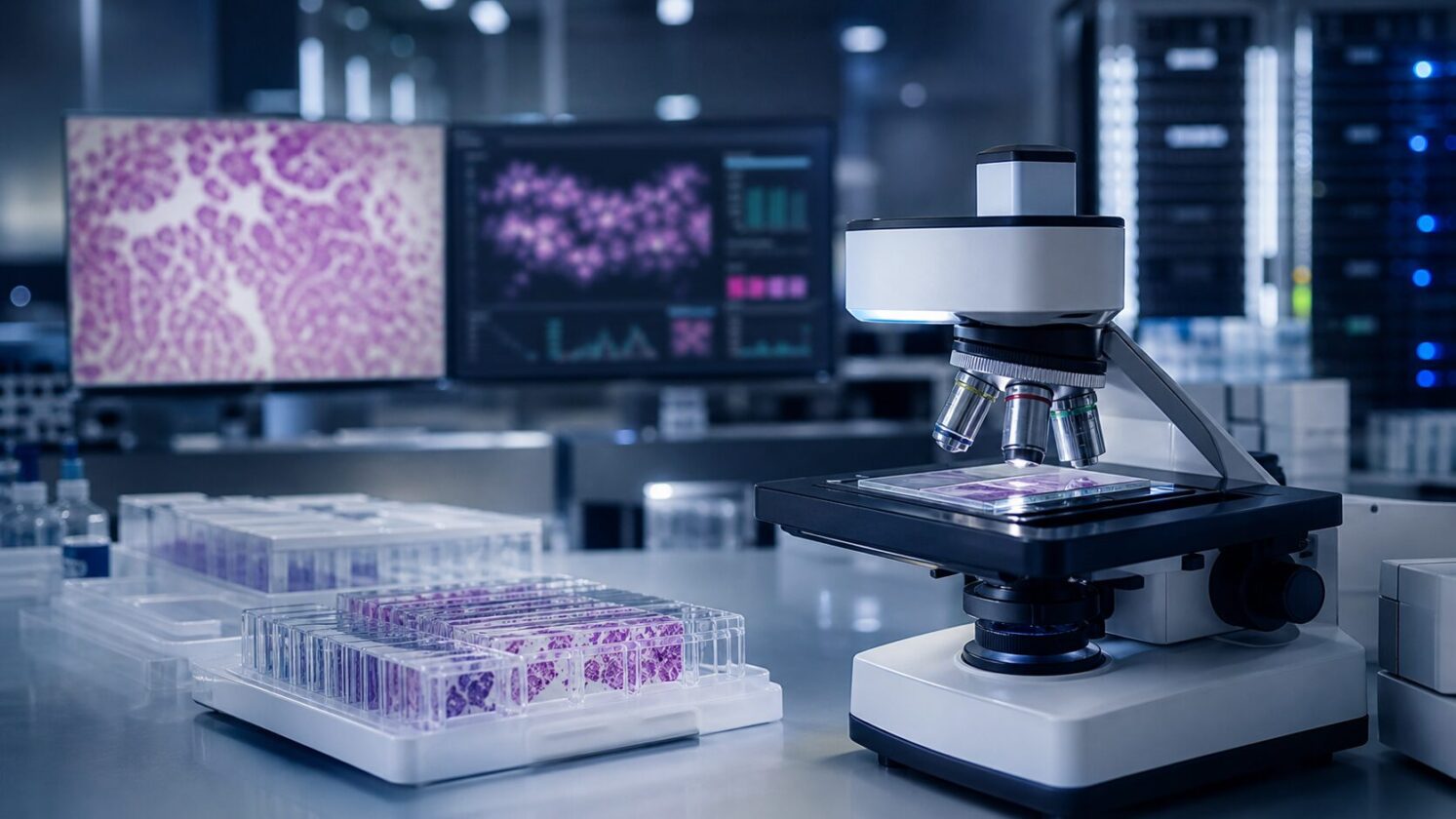 Imagem editorial para a matéria: Microsoft Research apresenta modelos de IA para patologia voltados a estudos em larga escala