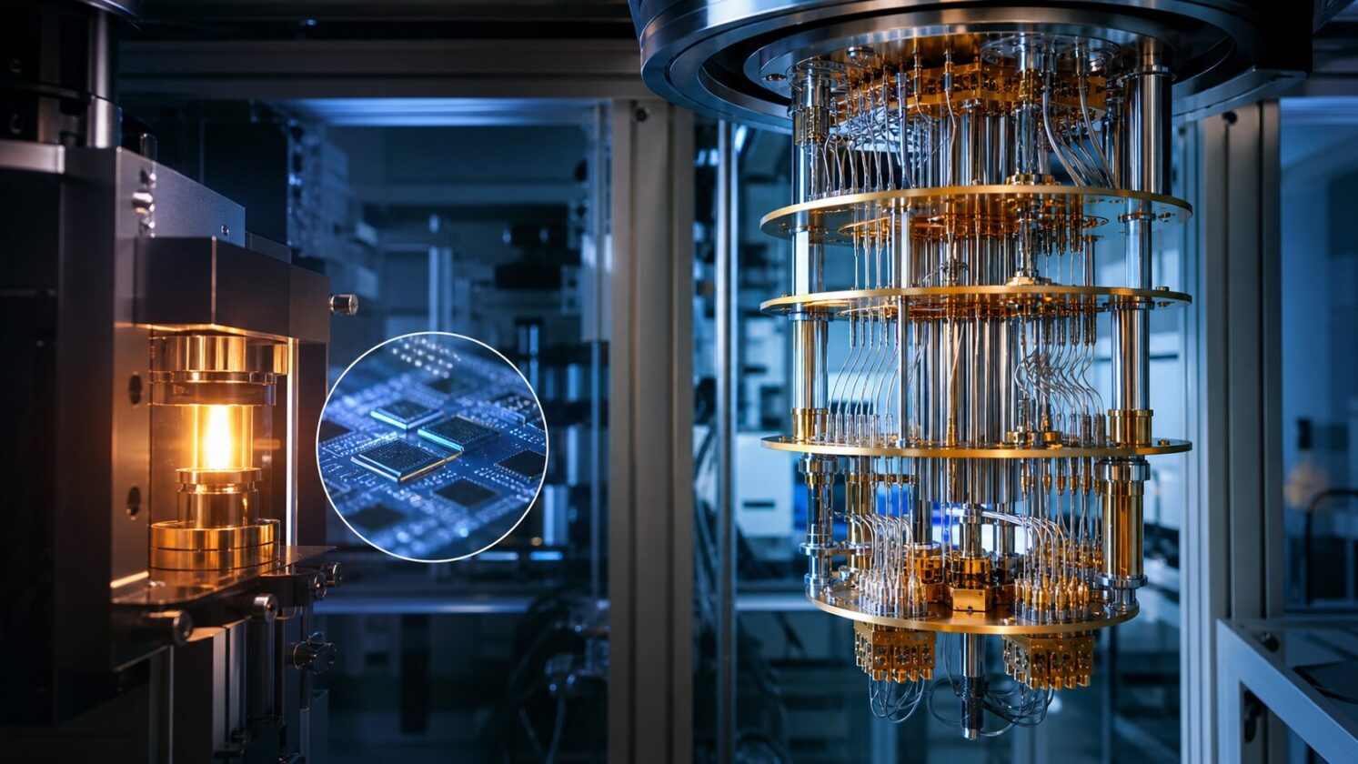 Imagem editorial para a matéria: Motor quântico supercondutor converte calor extremo em trabalho e pode ajudar computadores quânticos