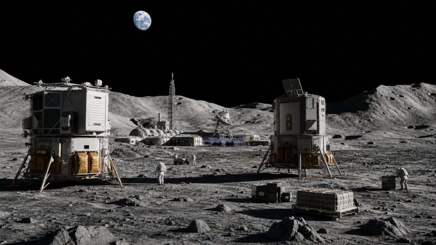 Imagem editorial para a matéria: NASA atualiza estratégia de cargueiros comerciais para futura base lunar