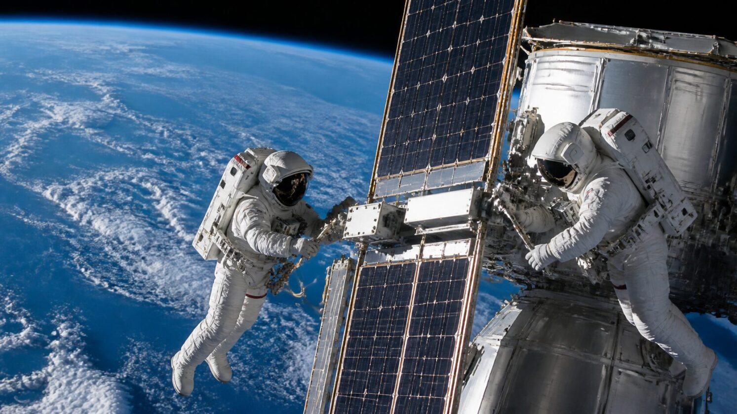 Imagem editorial para a matéria: NASA conclui caminhada espacial para preparar novos painéis solares da ISS