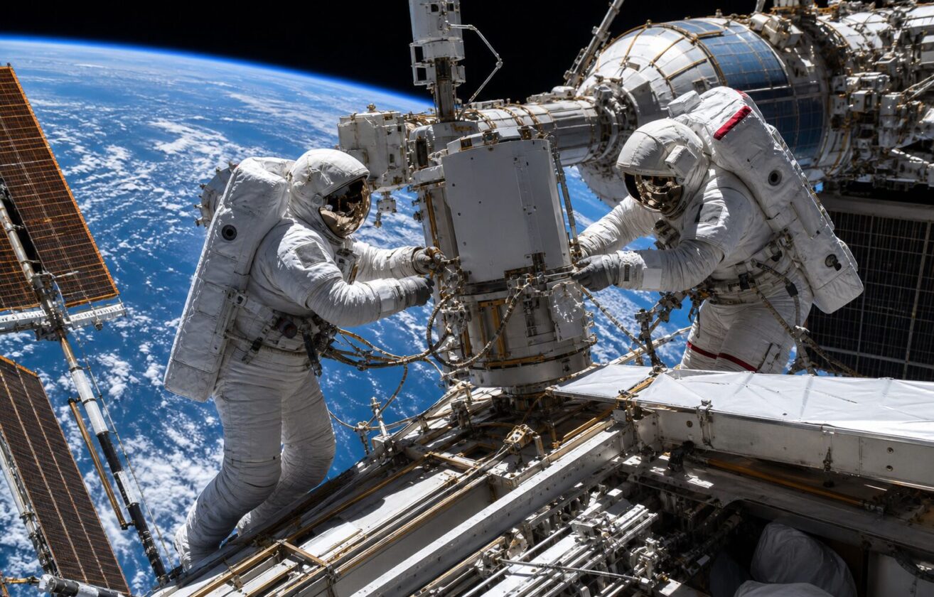 Imagem editorial para a matéria: NASA e ESA iniciam caminhada espacial para trocar antena na ISS