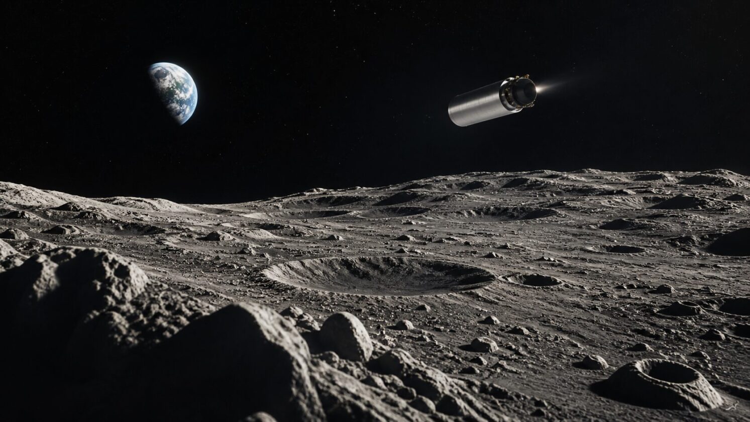 Imagem editorial para a matéria: NASA e SpaceX acompanham impacto de estágio de foguete na Lua