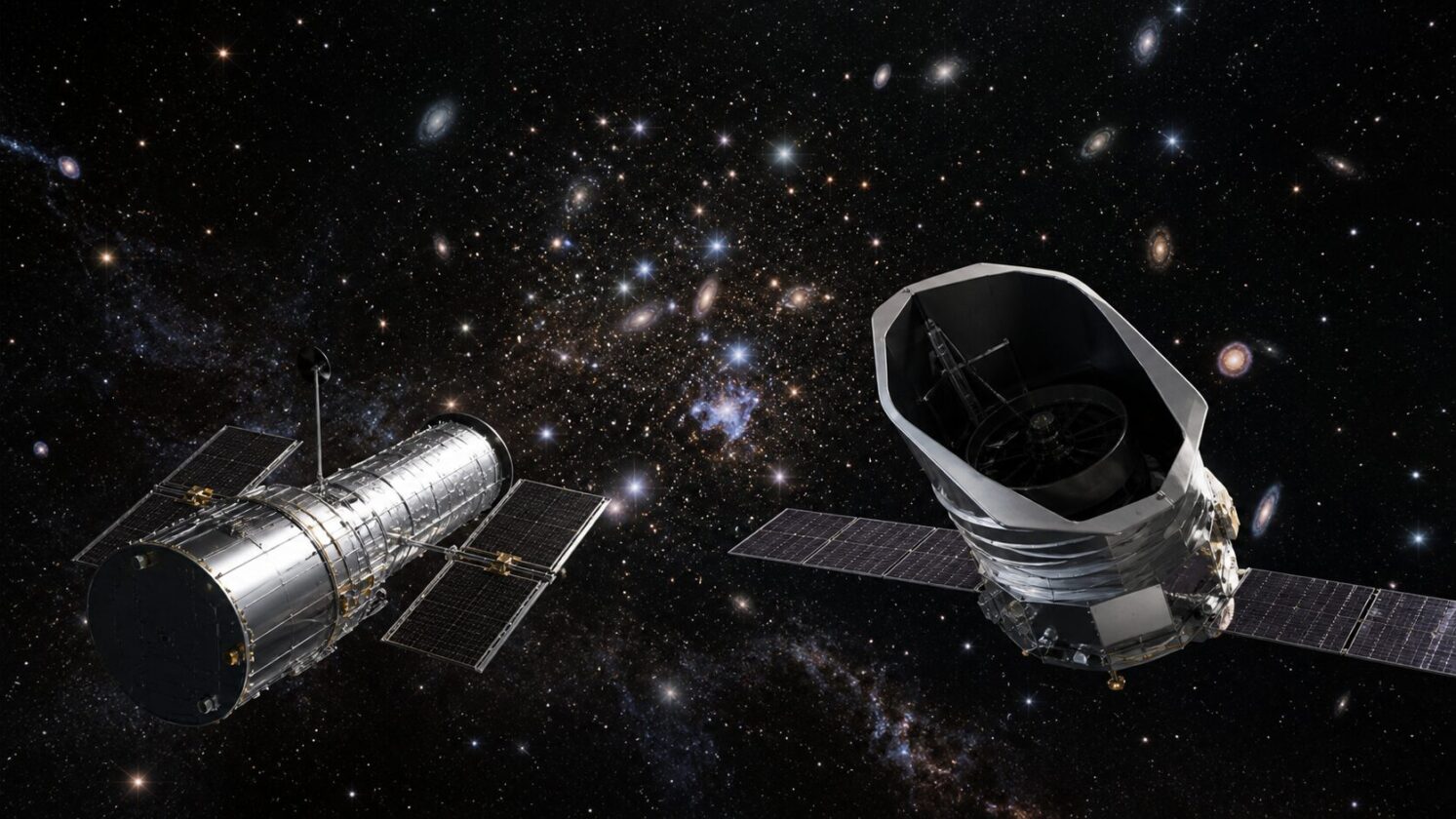 Imagem editorial para a matéria: NASA explica como Hubble e Roman vão atuar juntos na observação do universo
