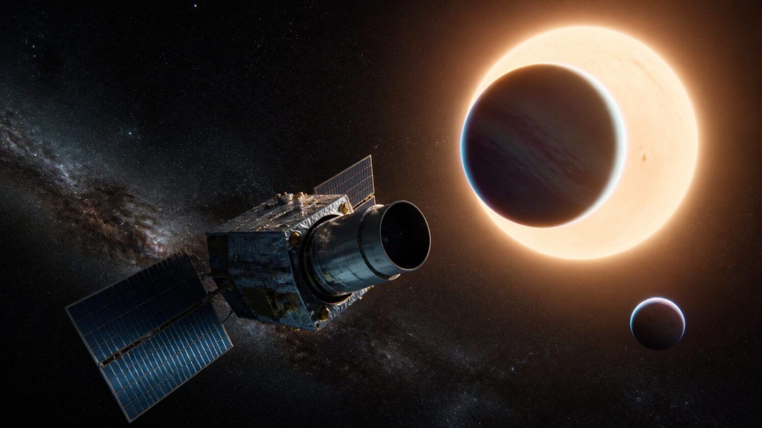 Imagem editorial para a matéria: NASA inicia observações da missão Pandora para estudar atmosferas de exoplanetas