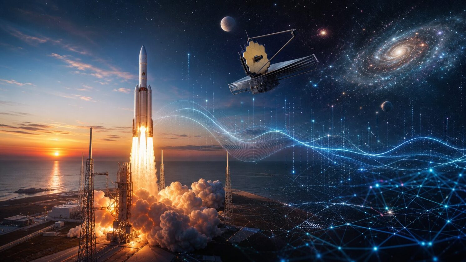 Imagem editorial para a matéria: NASA lança telescópio Roman para estudar energia escura, matéria escura e exoplanetas