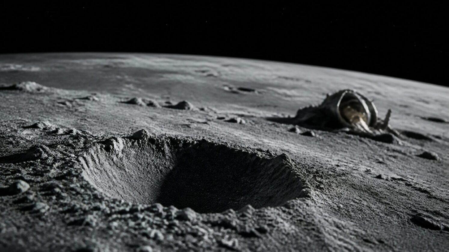 Imagem editorial para a matéria: NASA registra cratera causada por estágio de Falcon 9 na Lua