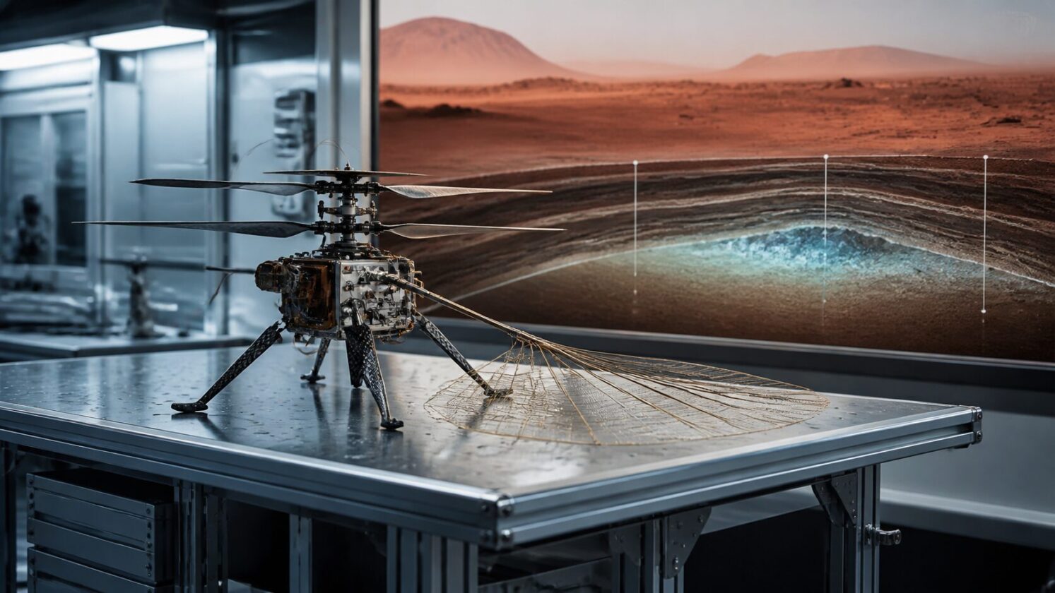 Imagem editorial para a matéria: NASA testa antena leve para helicópteros que buscarão água congelada em Marte