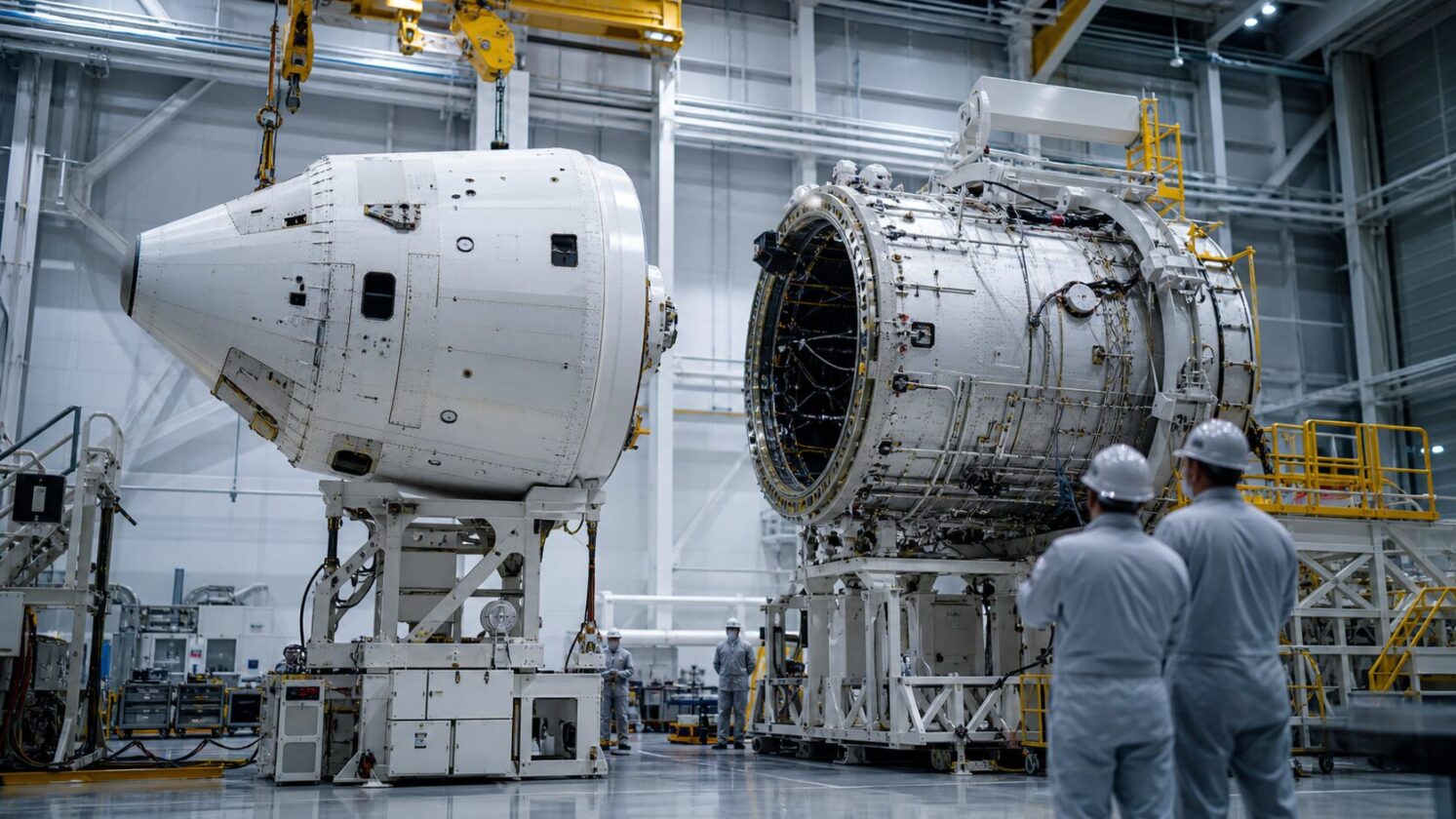 Imagem editorial para a matéria: NASA une módulos da Orion para preparação da missão Artemis III