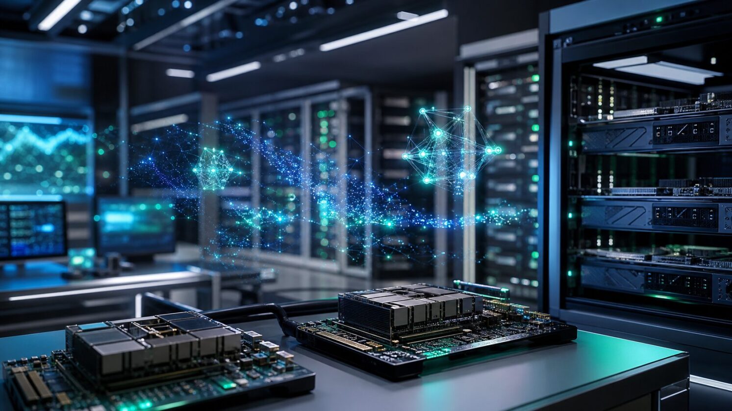 Imagem editorial para a matéria: NVIDIA lança Nemotron 3.5 Lightning e NeMo Switchyard para acelerar agentes de IA
