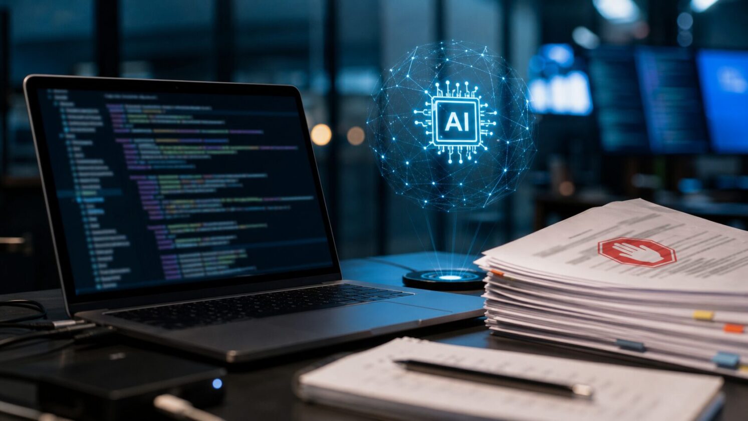 Imagem editorial para a matéria: Oracle barra conteúdo gerado por IA em contribuições ao OpenJDK
