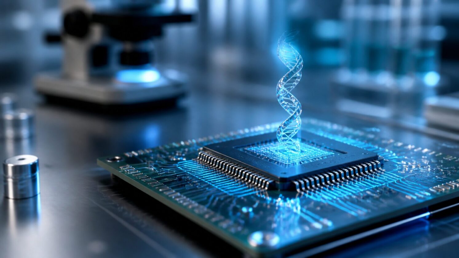 Imagem editorial para a matéria: Penn State divulga memória com DNA sintético para chips de baixo consumo