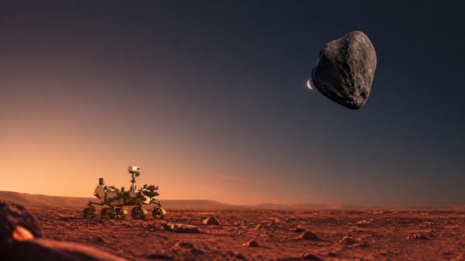 Imagem editorial para a matéria: Perseverance registra Terra desaparecendo atrás de Phobos em imagem feita em Marte