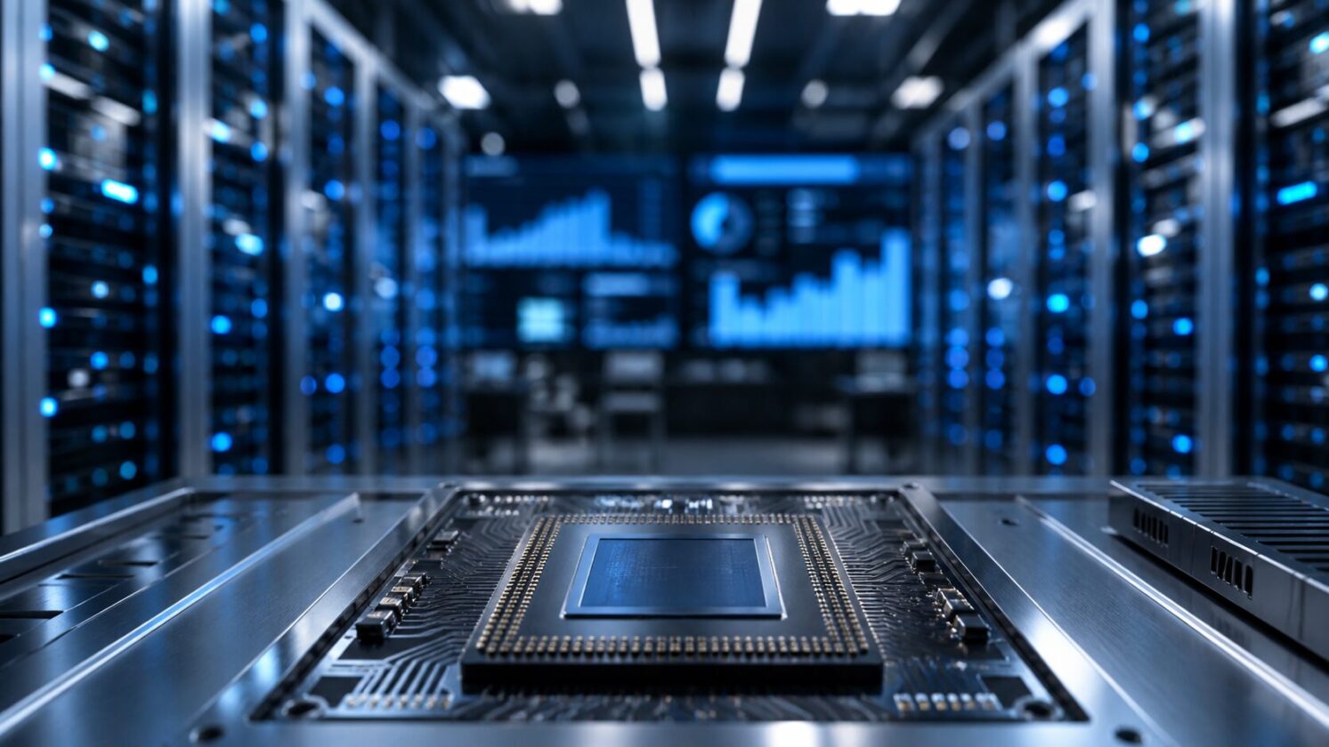 Imagem editorial para a matéria: Receita de data centers da AMD mais que dobra com avanço da demanda por IA