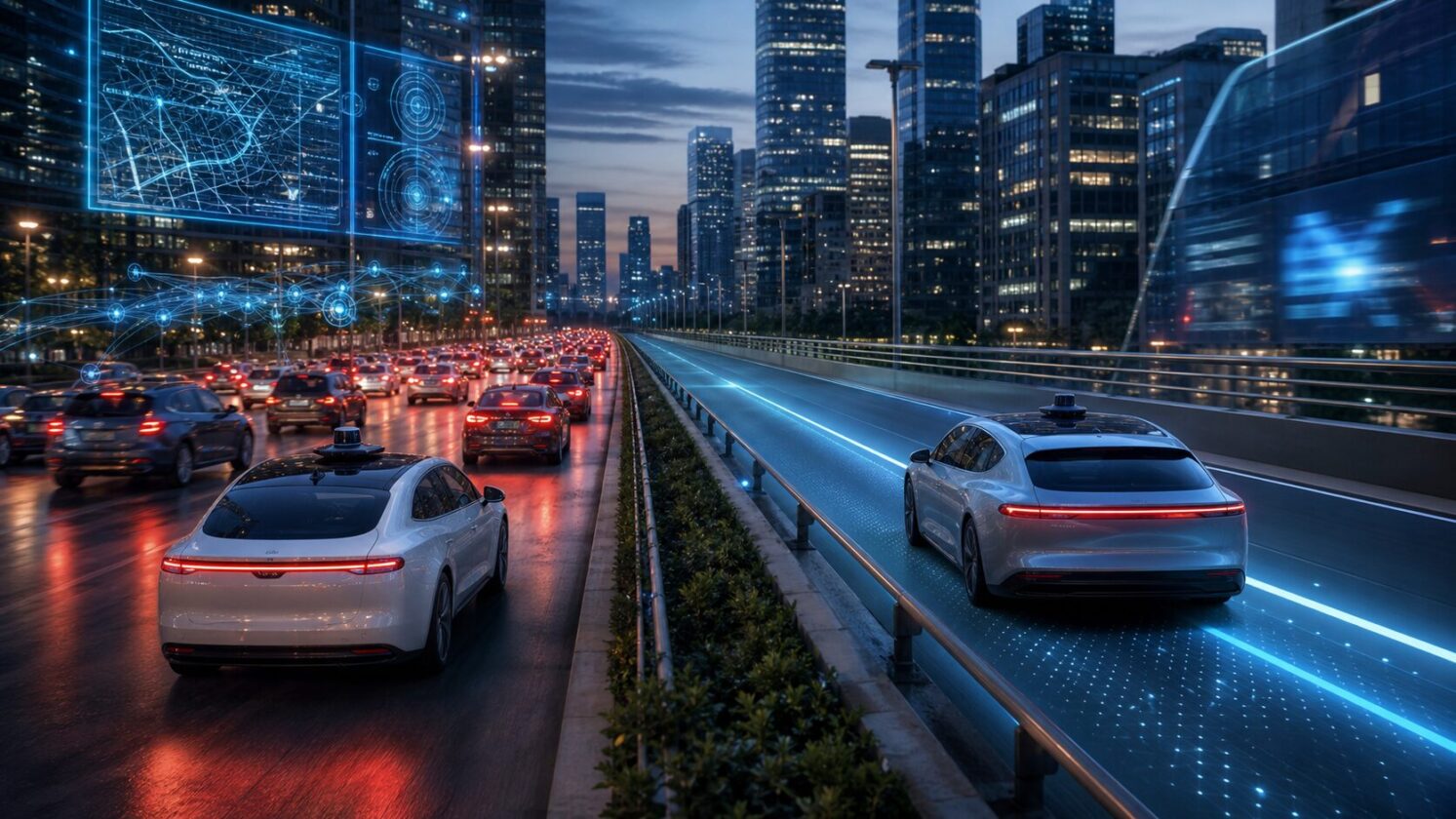 Imagem editorial para a matéria: Robotáxis adotam estratégias distintas enquanto IA ganha espaço na mobilidade