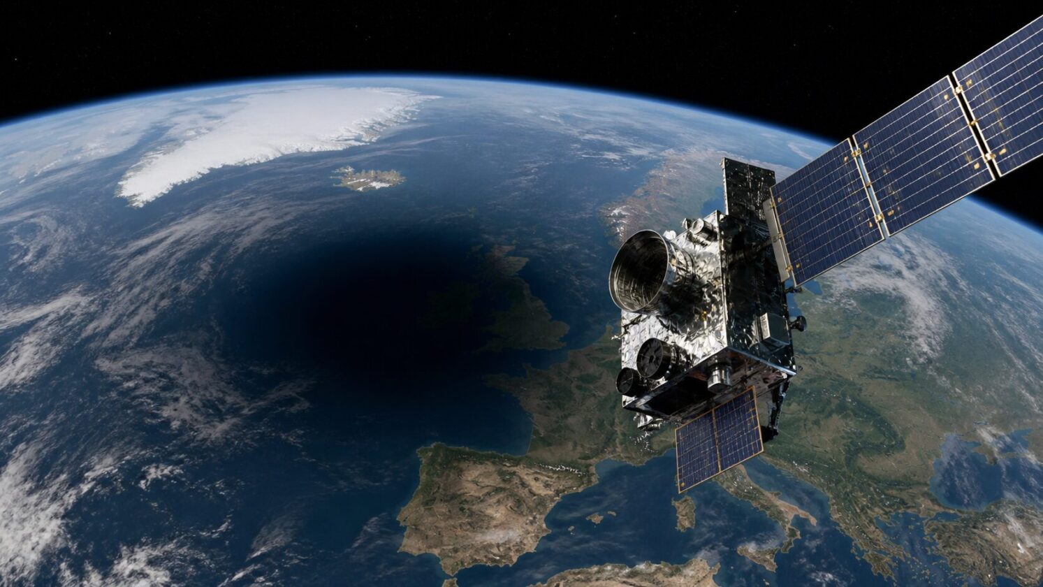 Imagem editorial para a matéria: Satélite da ESA registra sombra de eclipse solar total sobre a Europa