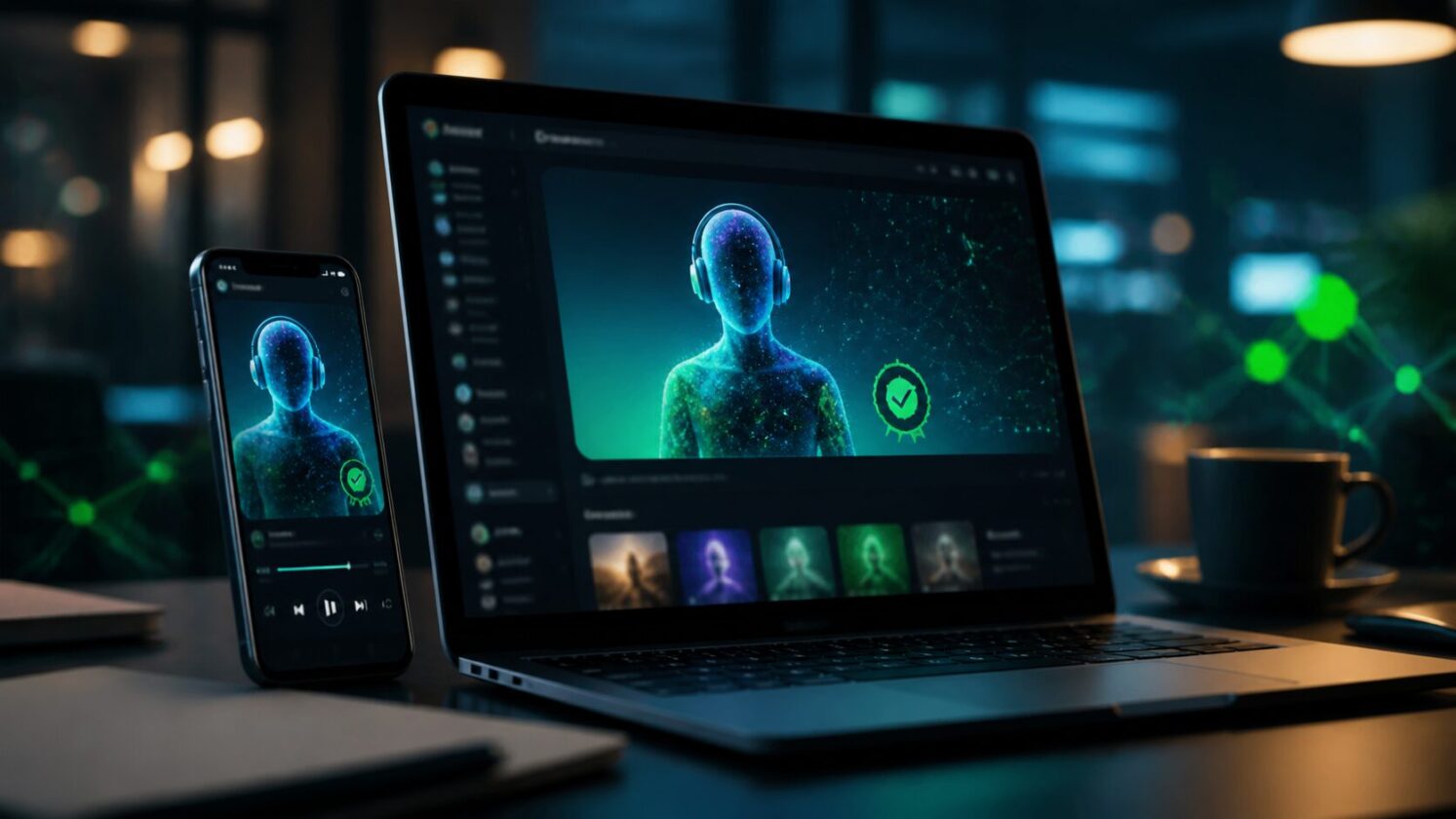 Imagem editorial para a matéria: Spotify anuncia selo para perfis de artistas com identidade gerada por IA