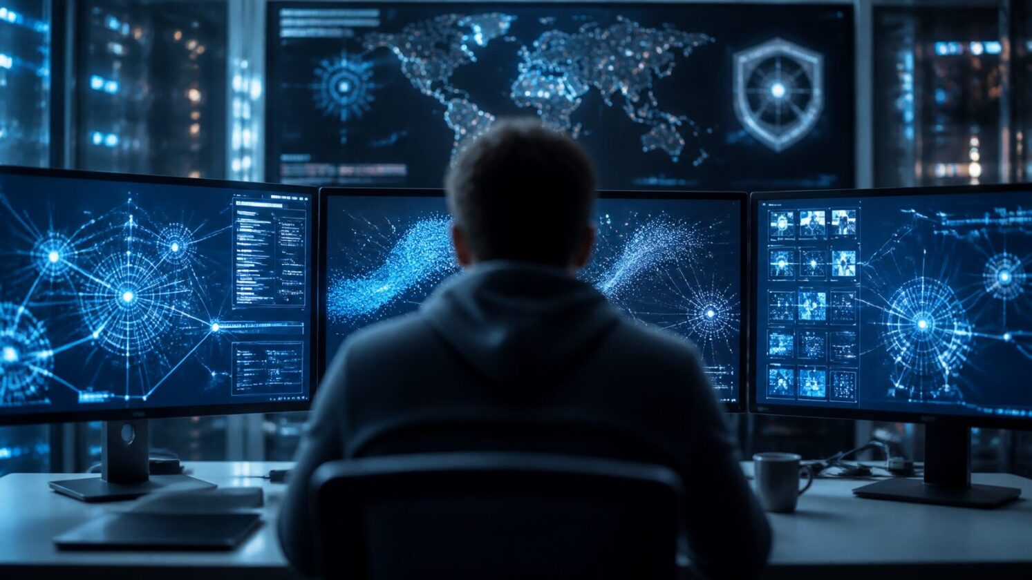 Imagem editorial para a matéria: Técnicas de hacking com IA ainda exigem ação humana para ampliar riscos, indicam testes