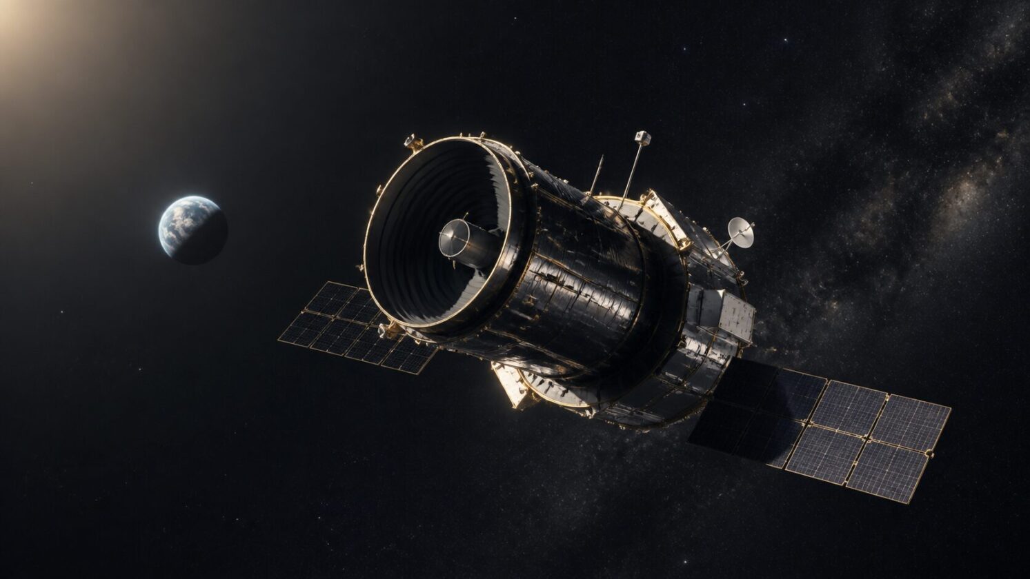 Imagem editorial para a matéria: Telescópio espacial Roman da NASA inicia comissionamento rumo ao ponto L2