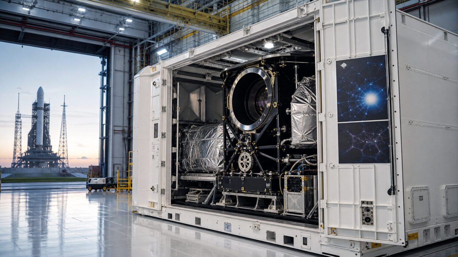 Imagem editorial para a matéria: Telescópio Roman da NASA chega ao hangar da SpaceX antes de lançamento