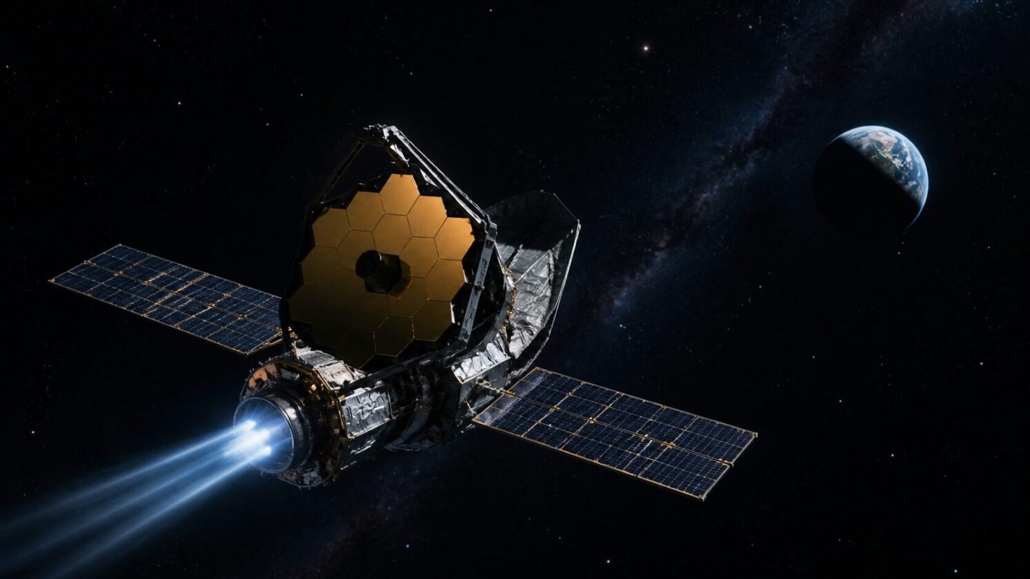 Imagem editorial para a matéria: Telescópio Roman, da NASA, faz primeira correção de rota rumo ao ponto L2