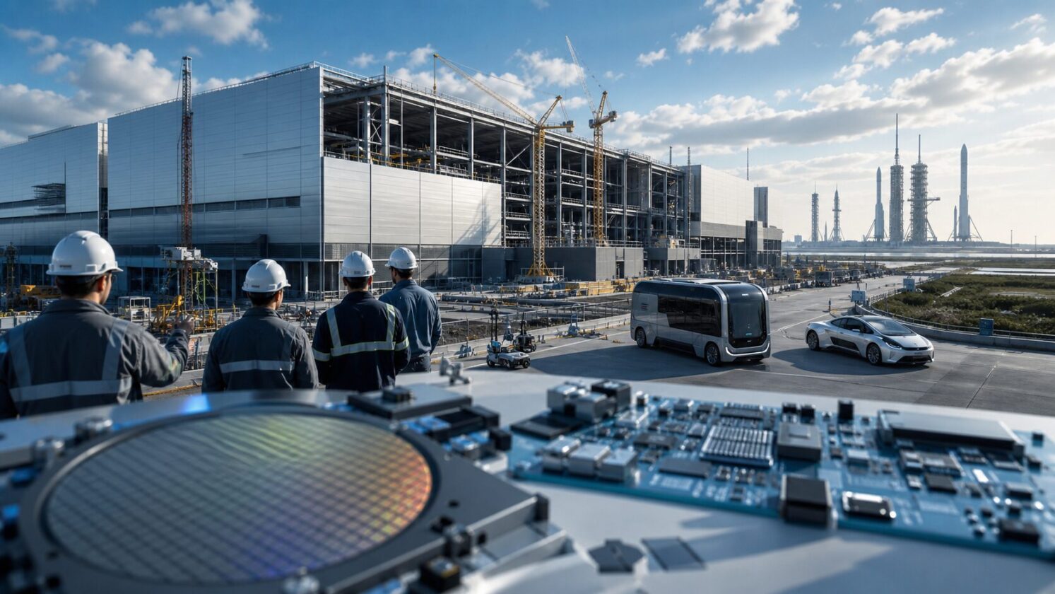 Imagem editorial para a matéria: Tesla e SpaceX planejam fábrica de chips de US$ 16,8 bilhões no Texas