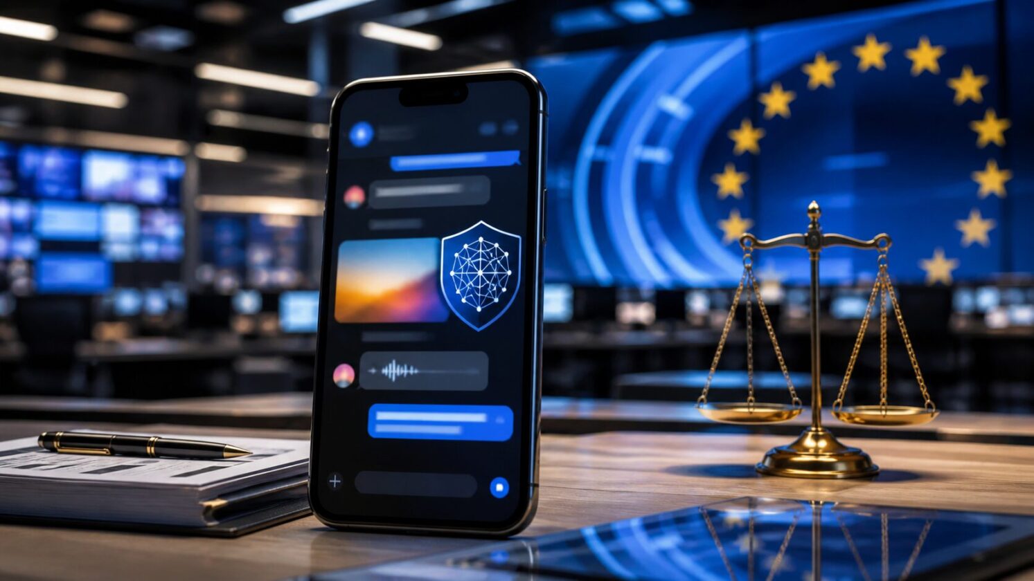 Imagem editorial para a matéria: WhatsApp prepara ferramenta para administradores rotularem mídia gerada por IA