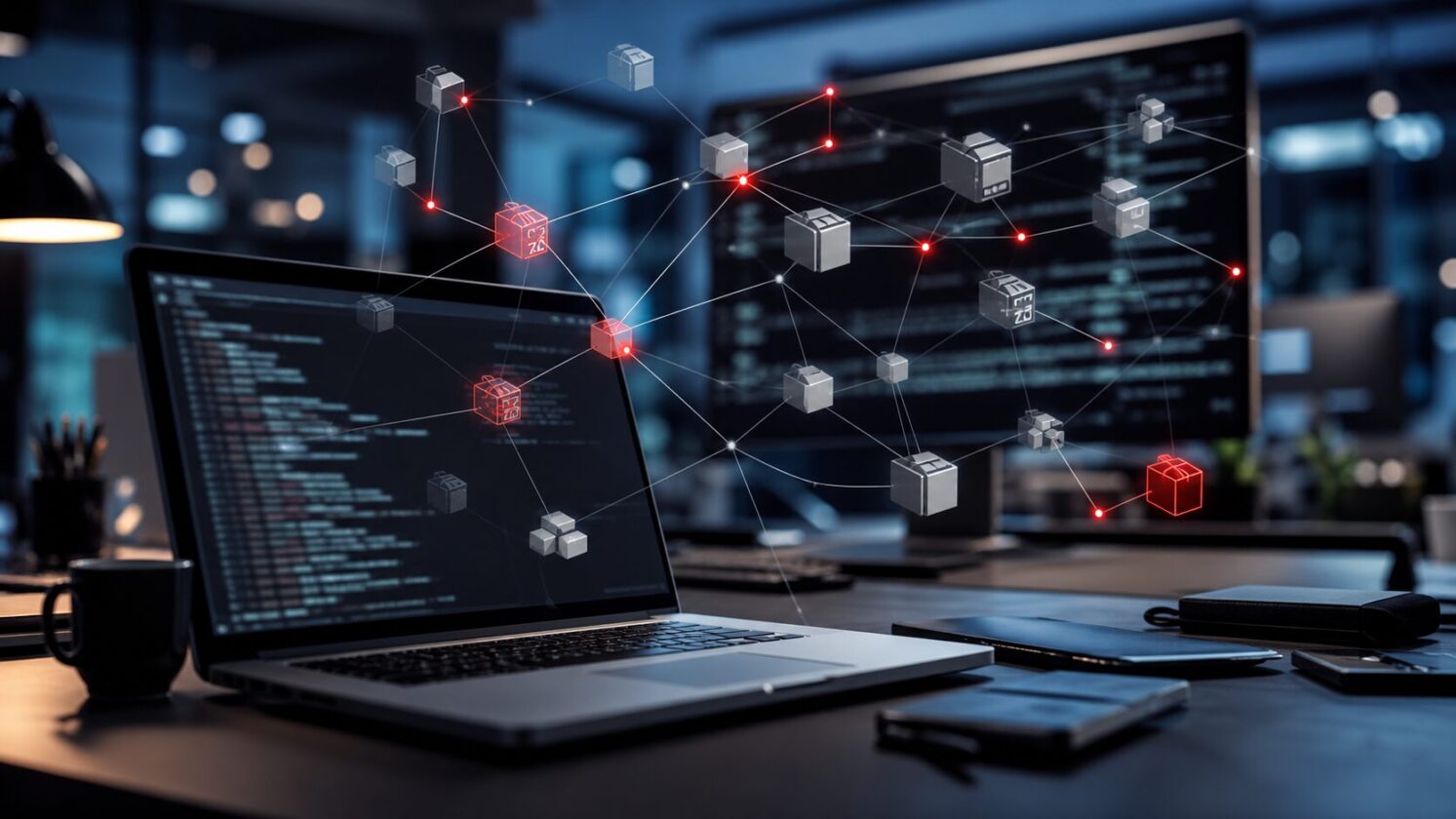 Imagem editorial para a matéria: Worm ChainDrop atinge cadeia do npm e contamina centenas de pacotes, diz