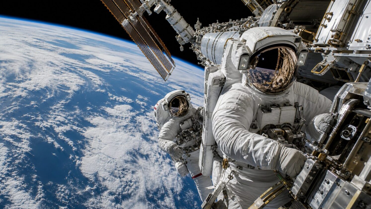 Imagem editorial para a matéria: Astronautas da ESA e da NASA concluem caminhada espacial na ISS