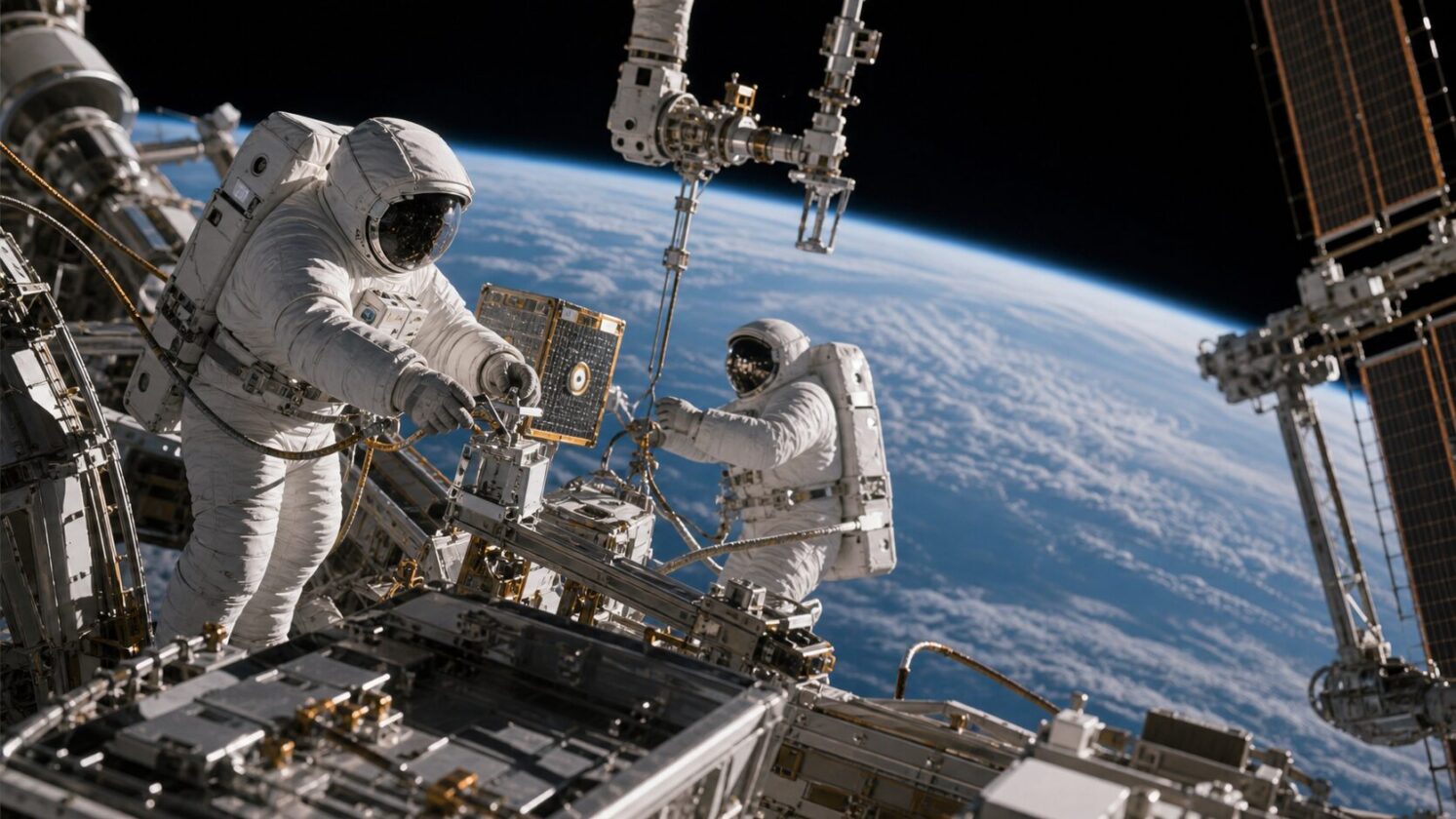Imagem editorial para a matéria: Astronautas da ESA e da NASA iniciam caminhada espacial na ISS