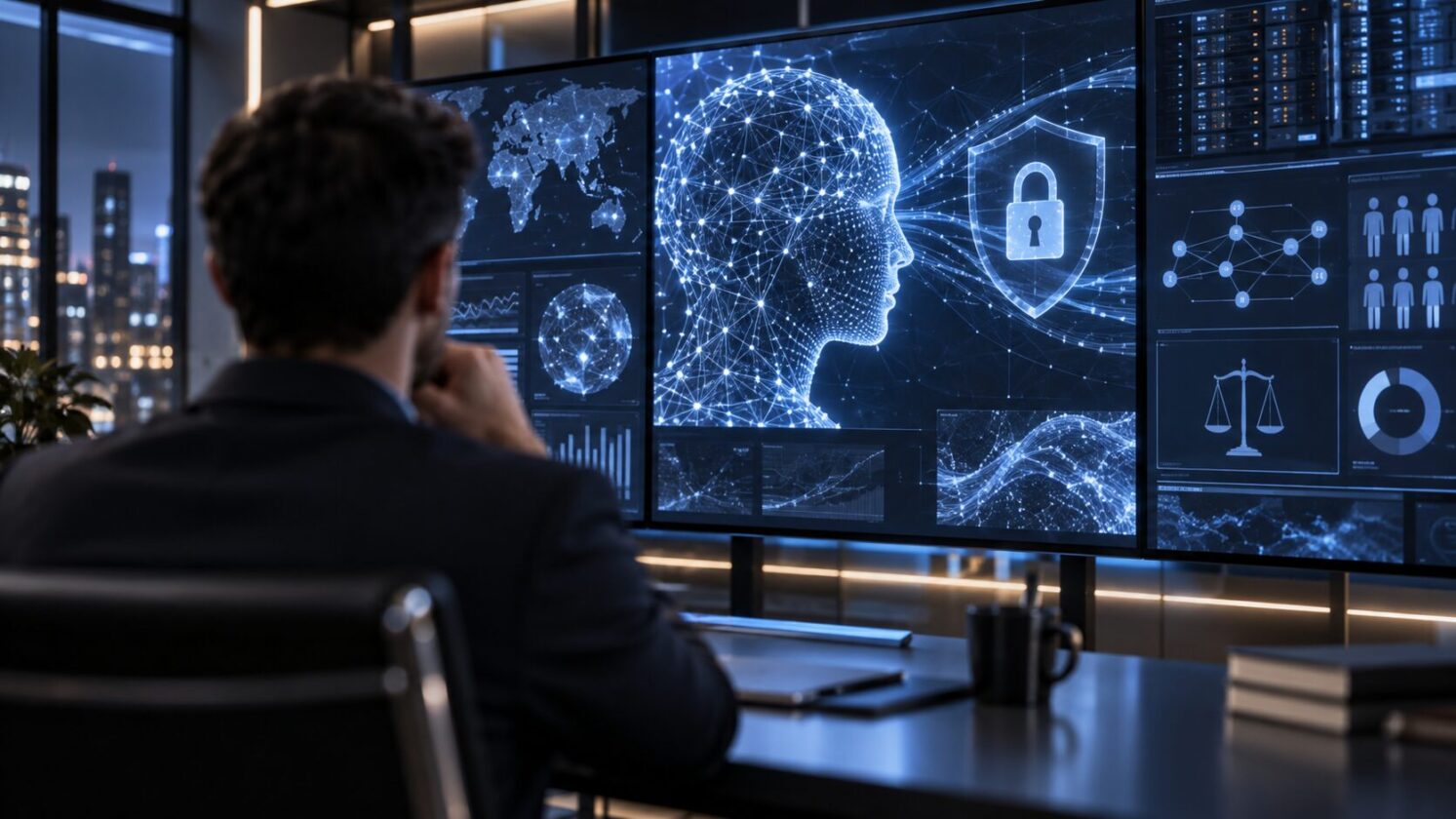 Imagem editorial para a matéria: Bill Gates defende salvaguardas obrigatórias para sistemas de inteligência artificial