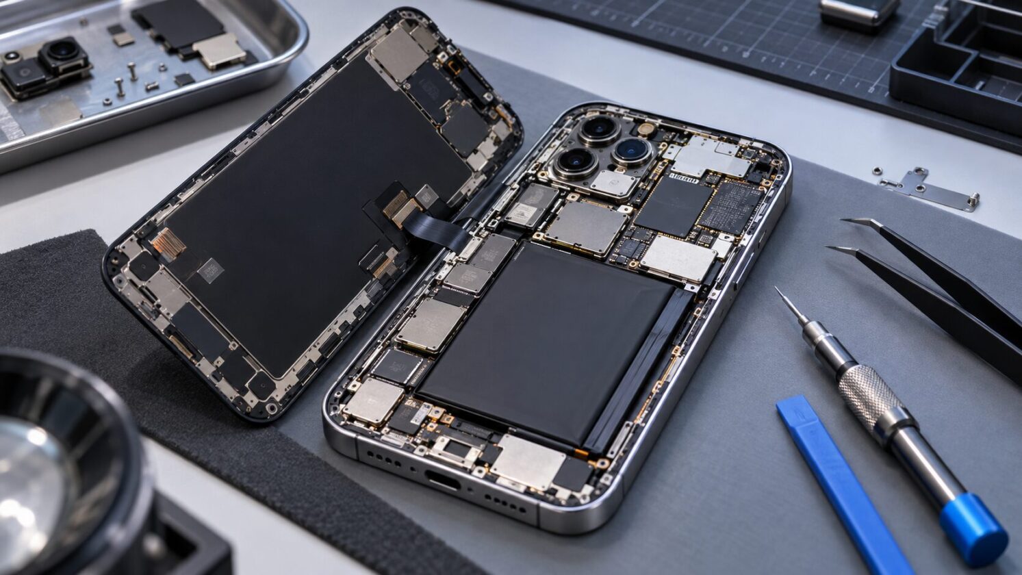 Imagem editorial para a matéria: Desmonte do iPhone 18 Pro Max aponta modem Qualcomm X80 e chip Apple N1