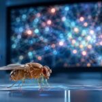 Imagem editorial para a matéria: detalha marco em connectômica com mapa completo do cérebro de mosca macho