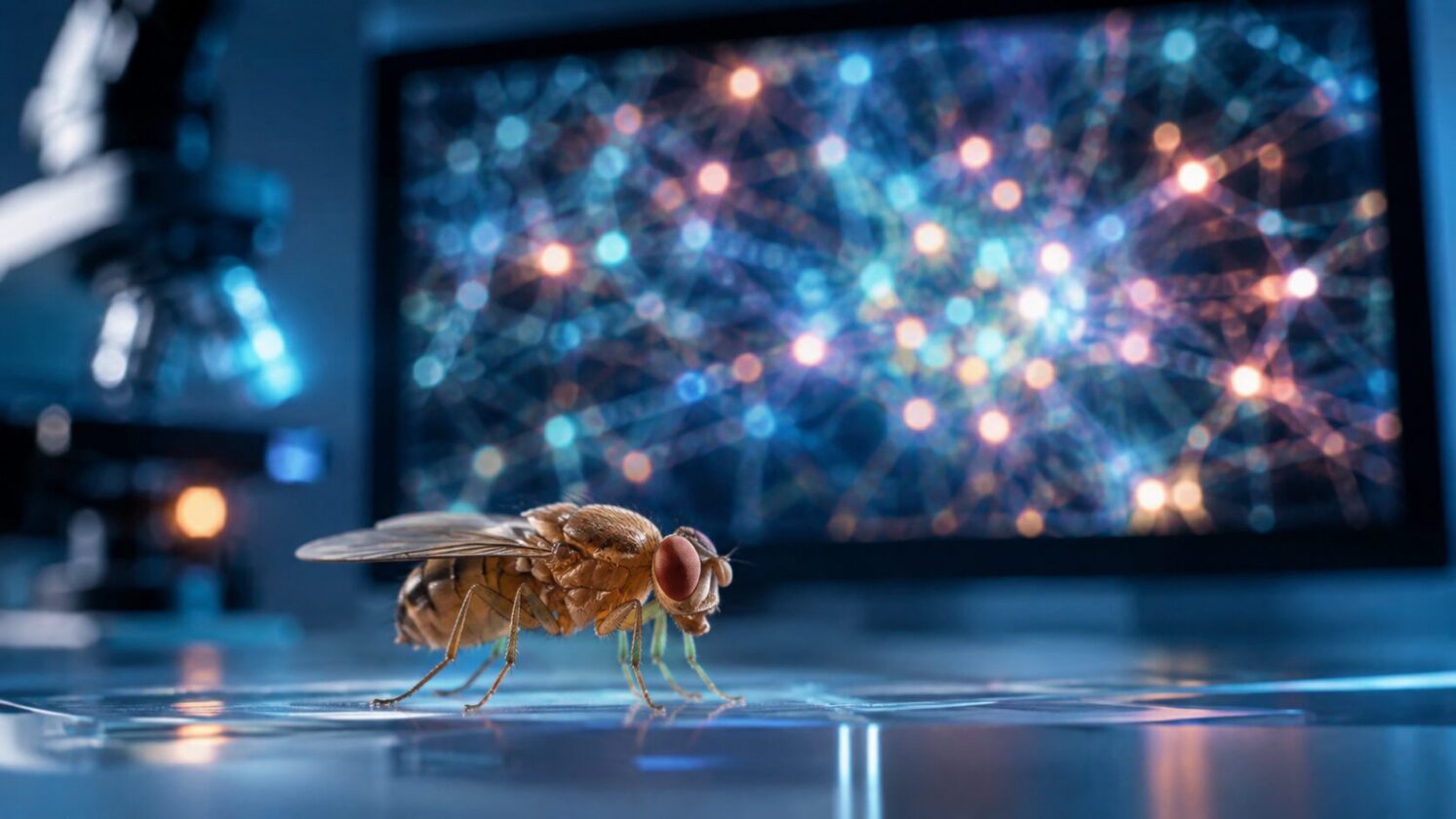 Imagem editorial para a matéria: detalha marco em connectômica com mapa completo do cérebro de mosca macho