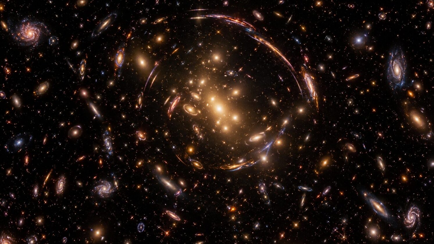 Imagem editorial para a matéria: ESA publica imagem do Webb com galáxias distorcidas por lente gravitacional