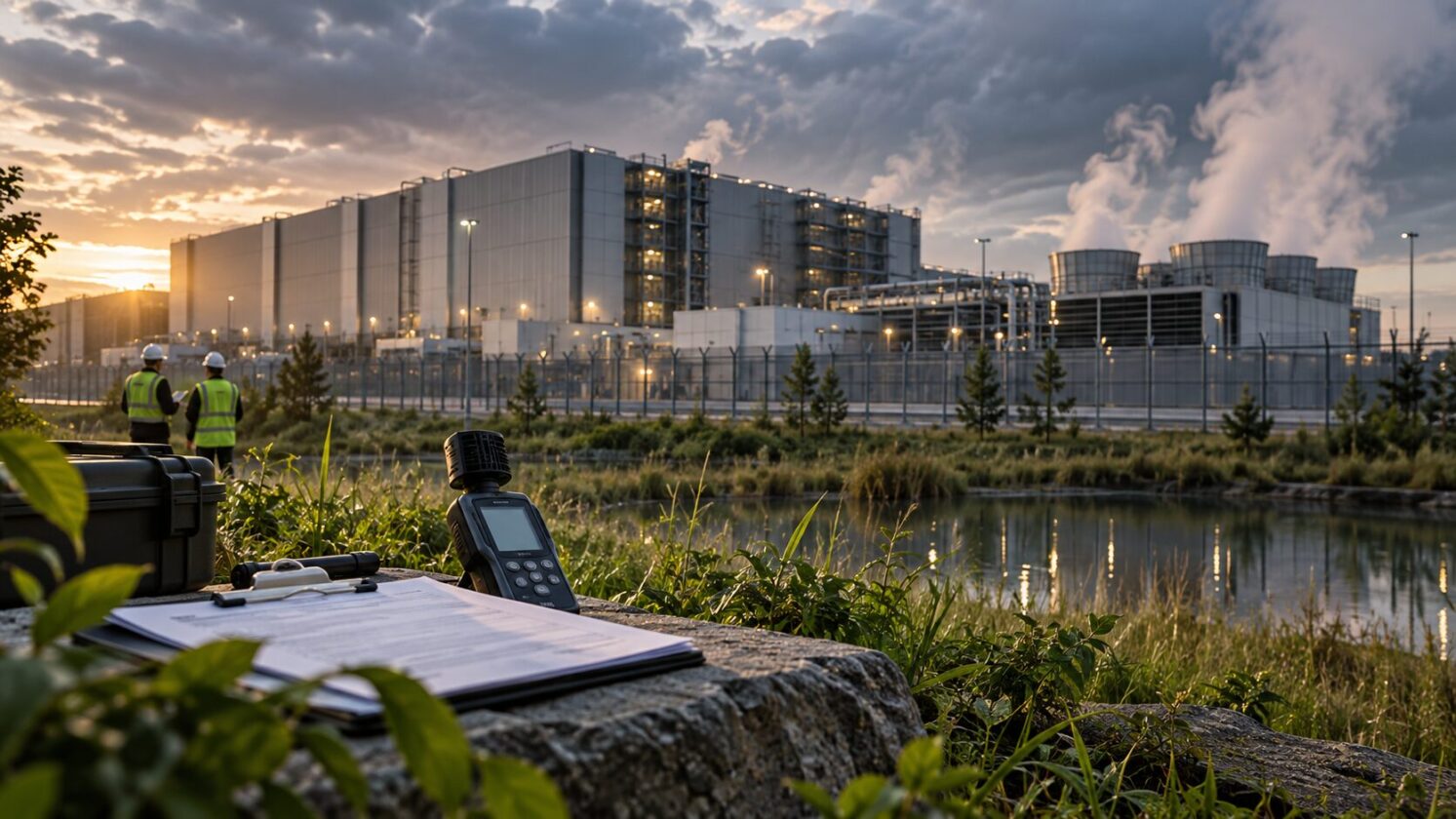 Imagem editorial para a matéria: Ex-funcionários da EPA alertam para riscos de poluição ligados a data centers de IA nos EUA
