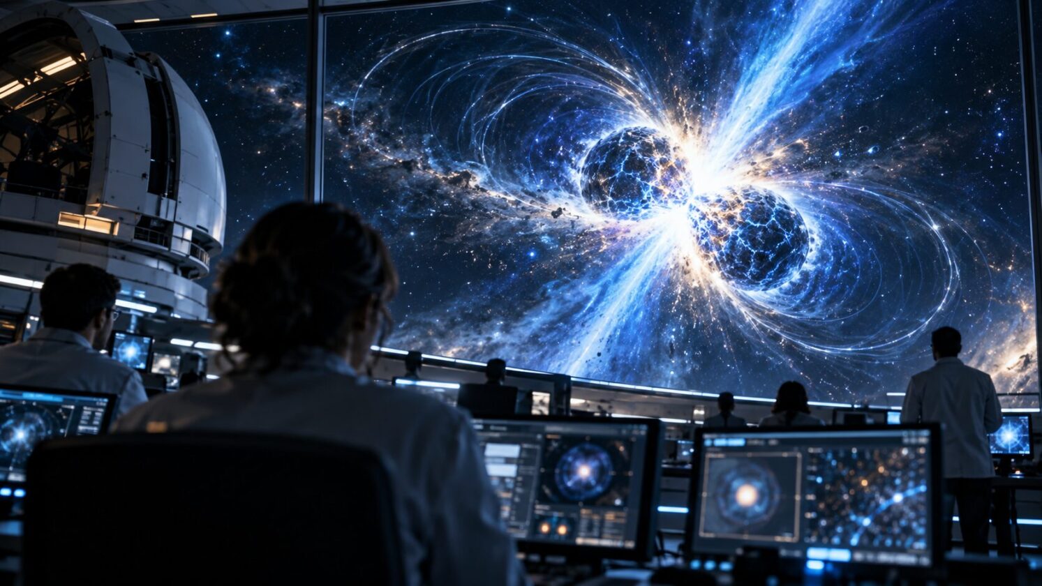 Imagem editorial para a matéria: Flash de raios X pode indicar formação de magnetar após colisão de estrelas de nêutrons