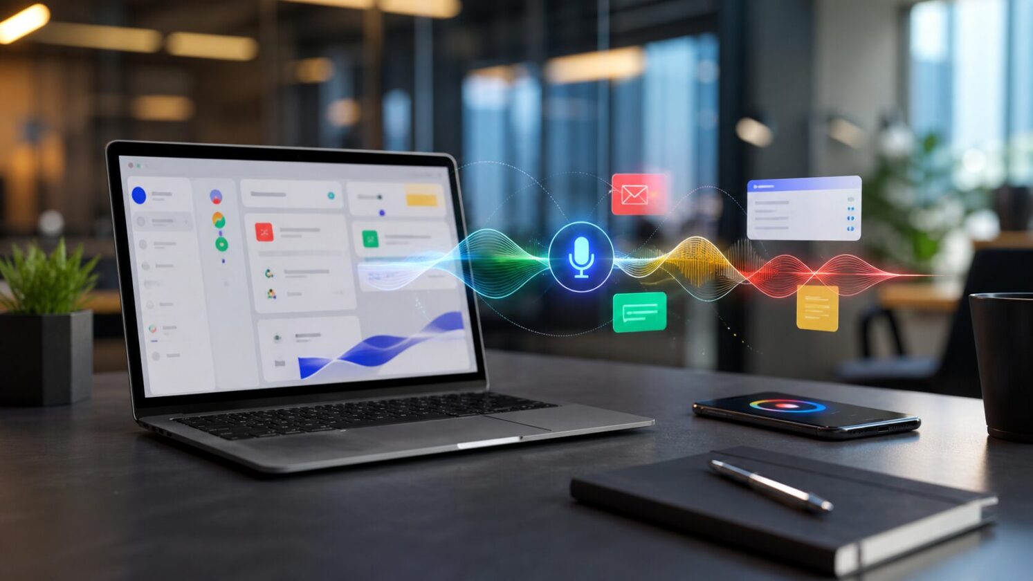 Imagem editorial para a matéria: Google anuncia recursos de voz com IA para Gmail, Docs e Keep