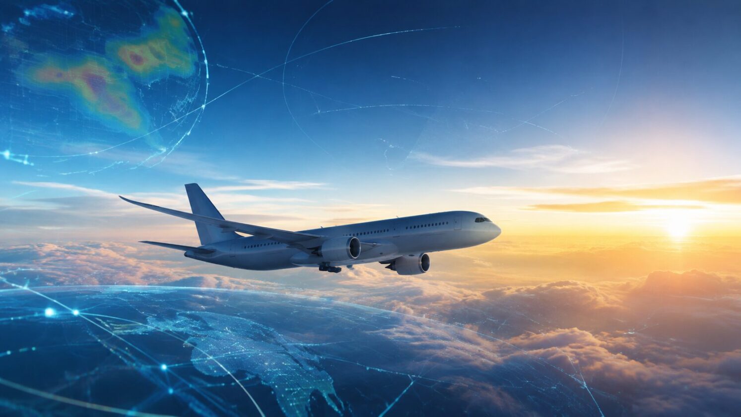 Imagem editorial para a matéria: Google e Cathay Pacific testam IA para reduzir contrails em voos ultralongos