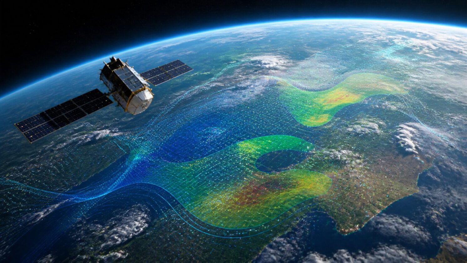 Imagem editorial para a matéria: Google usa deep learning para mapear emissões globais de metano a partir do espaço