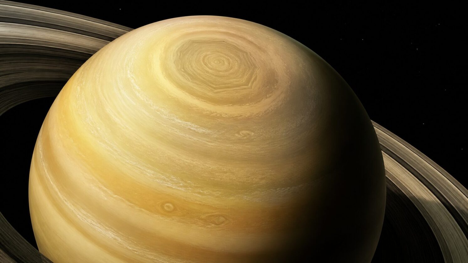 Imagem editorial para a matéria: Hubble observa onda atmosférica em formato de decágono no polo sul de Saturno