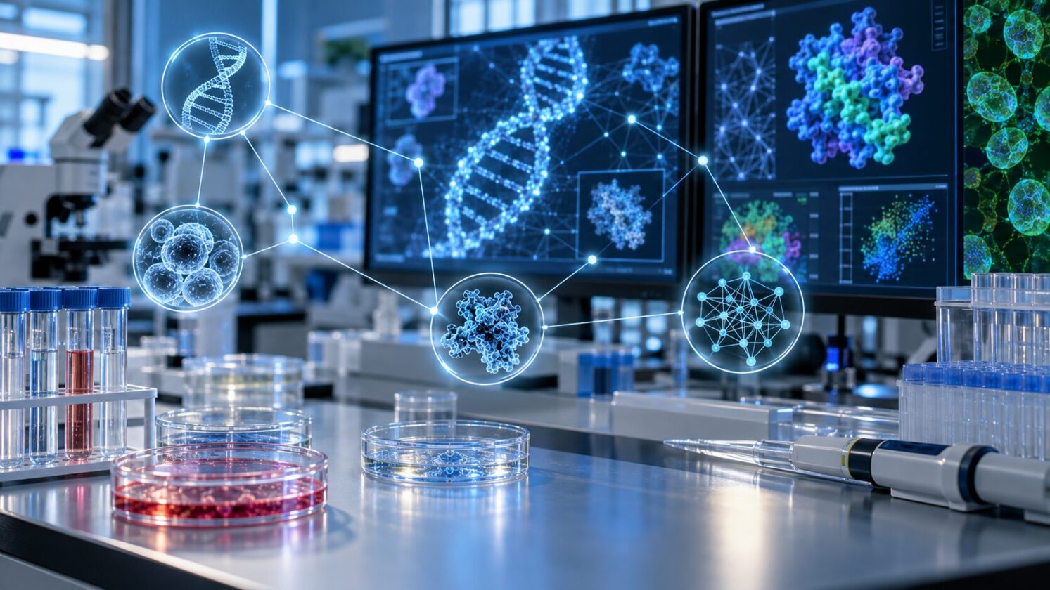 Imagem editorial para a matéria: Microsoft Research apresenta Quine, sistema de IA para pesquisa em biologia