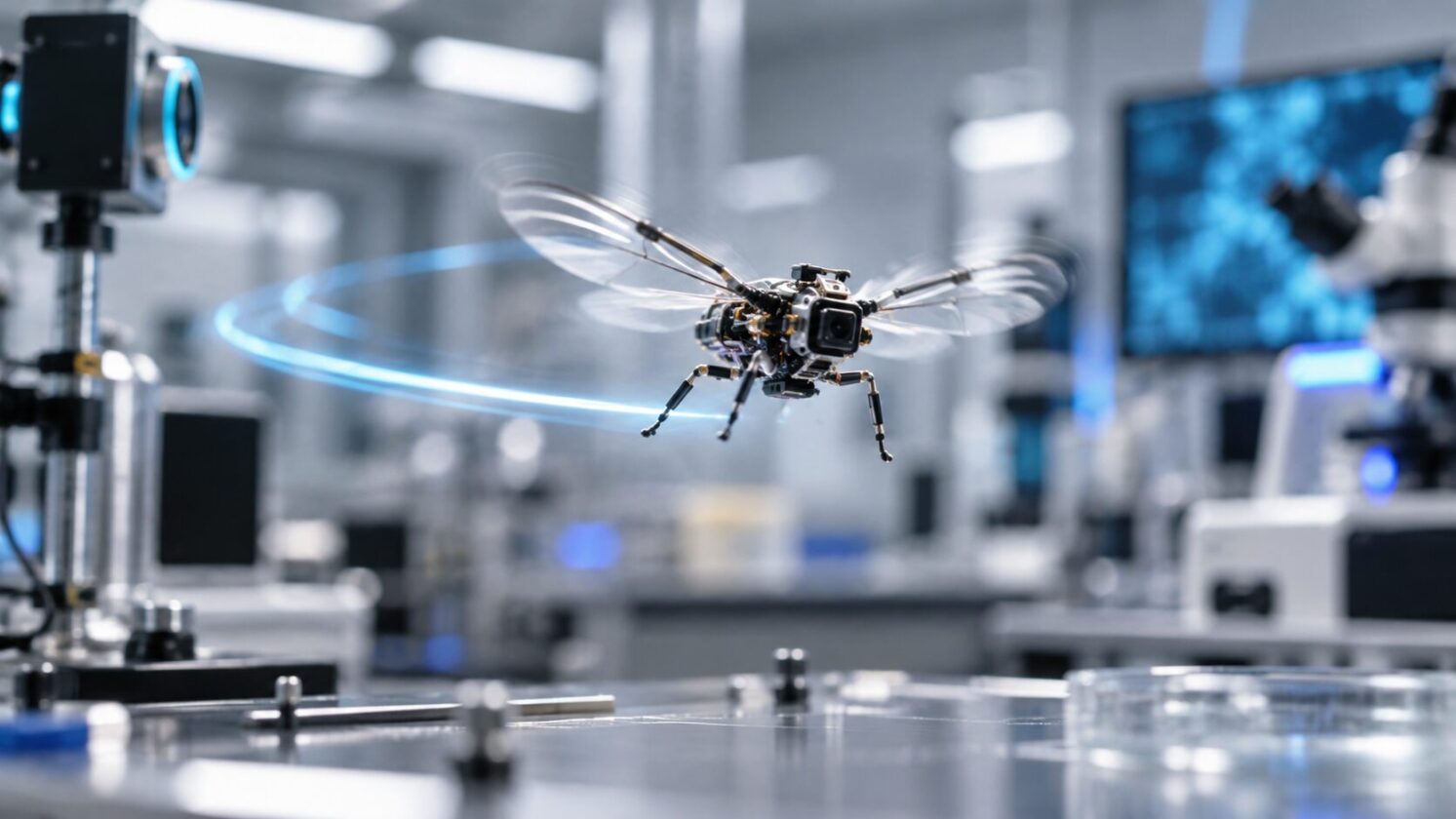 Imagem editorial para a matéria: MIT desenvolve controle por IA que deixa microrrobô voador 450% mais rápido