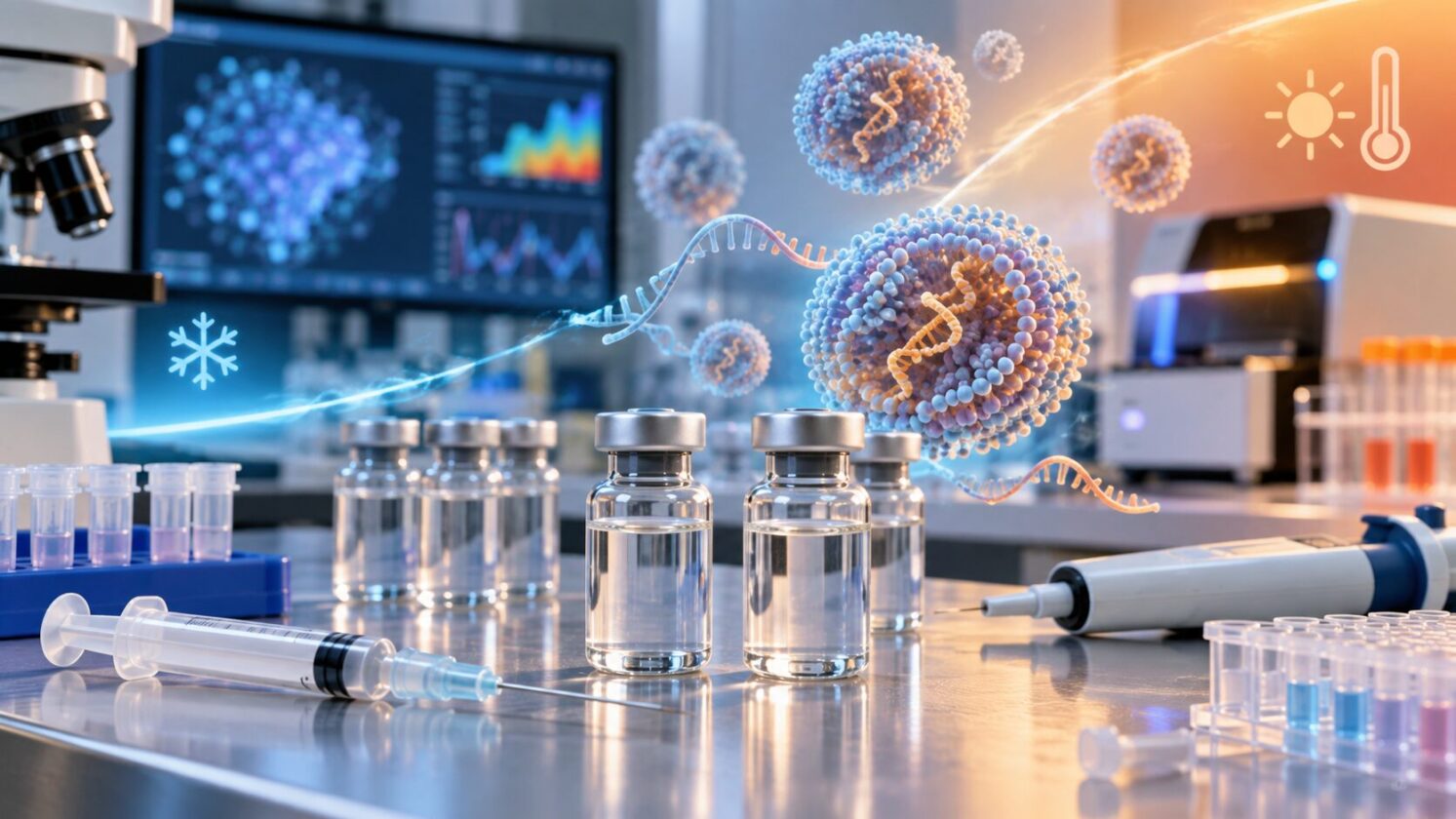 Imagem editorial para a matéria: MIT usa IA em formulação para tornar vacinas de RNA mais resistentes ao calor