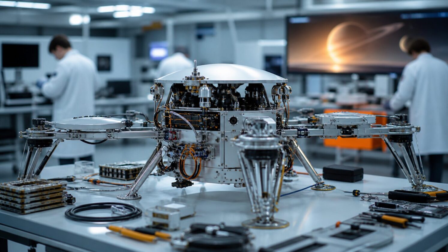 Imagem editorial para a matéria: NASA avança na montagem elétrica da missão Dragonfly para Titã